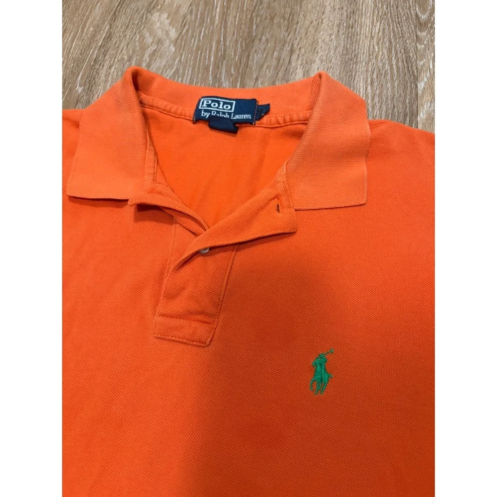 Polo Ralph Lauren Mens Orange Pique Short Sleeve Polo Shirt Green Pony Logo L